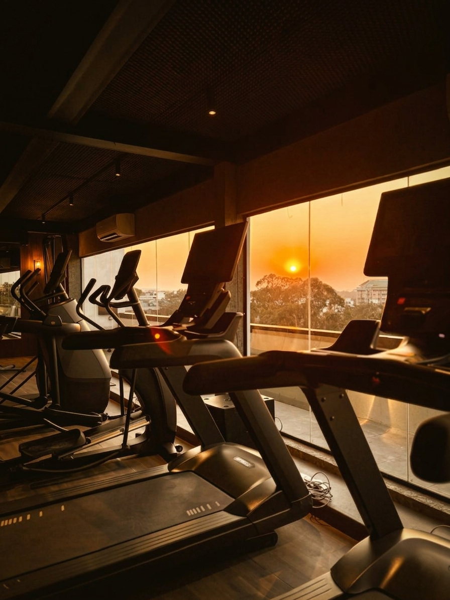 Cardio floor with treadmills overlooking a stunning sunset